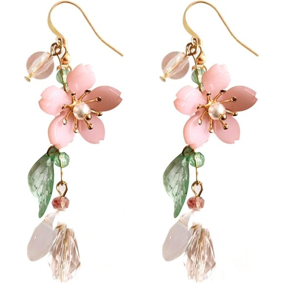 Women's Cute Pink Flower Dangle Pearl Leaf Sakura Fairy Cherry Blossom Earrings - Picture 1 of 6